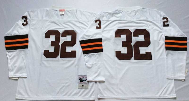 Browns 32 Jim Brown White Long Sleeve M&N Throwback Jersey